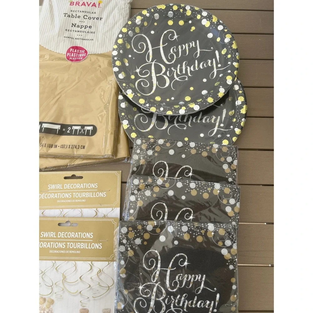 16 pc Happy Birthday Party Decorations Gold Table Cover Plates Napkins Swirls